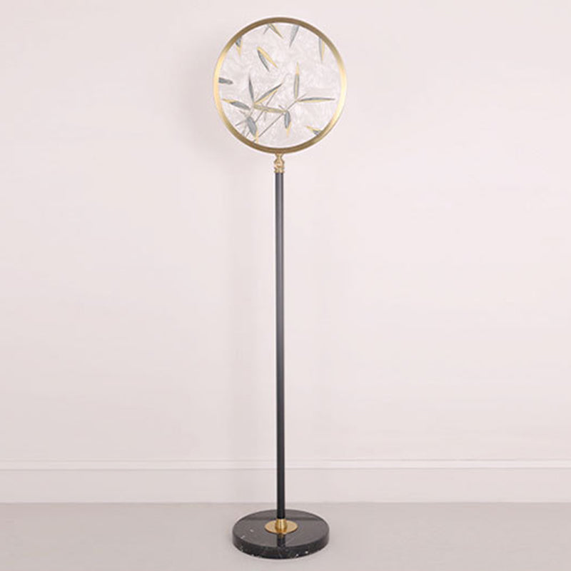 Traditional Chinese Bamboo Leaf Round Glass Metal LED Standing Floor Lamp For Living Room