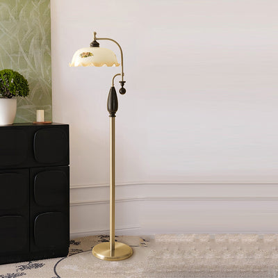 Traditional Chinese Dome Glass Ash Wood Metal 1-Light Standing Floor Lamp For Living Room