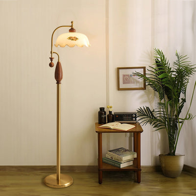 Traditional Chinese Dome Glass Ash Wood Metal 1-Light Standing Floor Lamp For Living Room