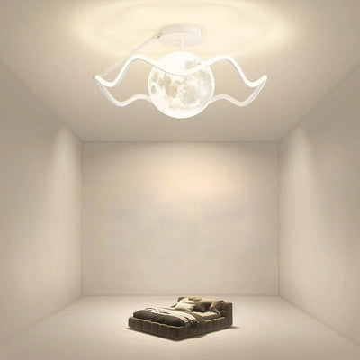 Contemporary Creative Moon Iron Acrylic Silicone LED Semi-Flush Mount Lighting For Bedroom