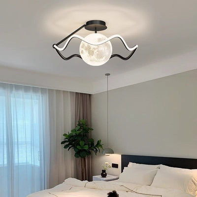 Contemporary Creative Moon Iron Acrylic Silicone LED Semi-Flush Mount Lighting For Bedroom