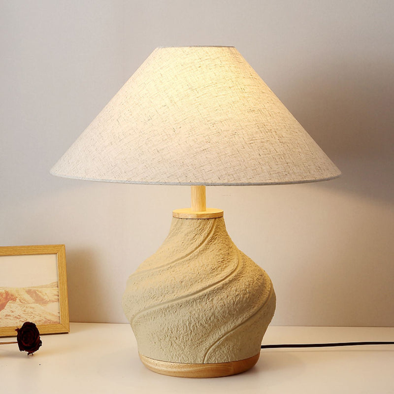 Traditional Japanese Frustum Cone Concrete Fabric 1-Light Table Lamp For Bedroom