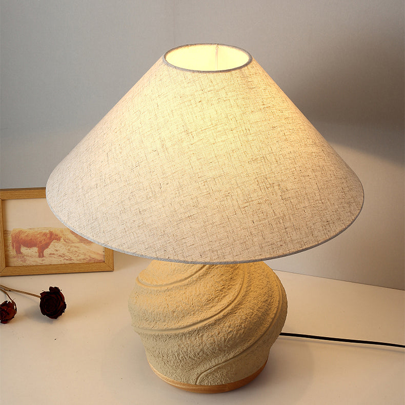 Traditional Japanese Frustum Cone Concrete Fabric 1-Light Table Lamp For Bedroom