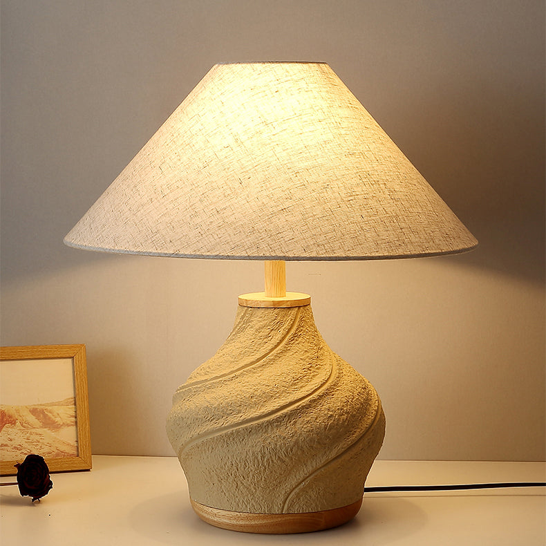 Traditional Japanese Frustum Cone Concrete Fabric 1-Light Table Lamp For Bedroom