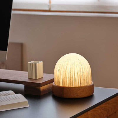 Traditional Japanese Dome Black Walnut Wood Fabric LED Table Lamp For Bedroom