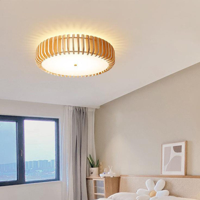 Traditional Japanese Round Wood Iron LED Flush Mount Ceiling Light For Bedroom