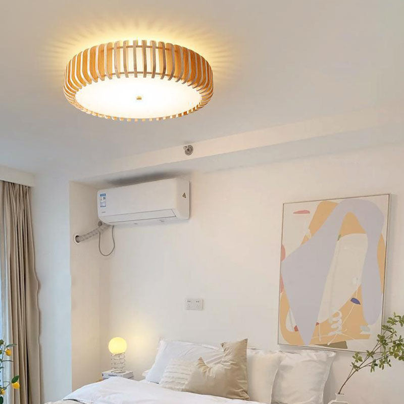 Traditional Japanese Round Wood Iron LED Flush Mount Ceiling Light For Bedroom