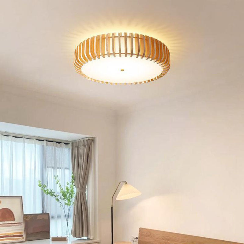 Traditional Japanese Round Wood Iron LED Flush Mount Ceiling Light For Bedroom