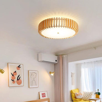 Traditional Japanese Round Wood Iron LED Flush Mount Ceiling Light For Bedroom