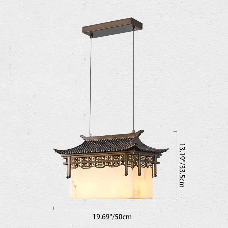 Traditional Chinese Palace Rectangular Metal Resin Marble 2-Light Chandelier For Living Room