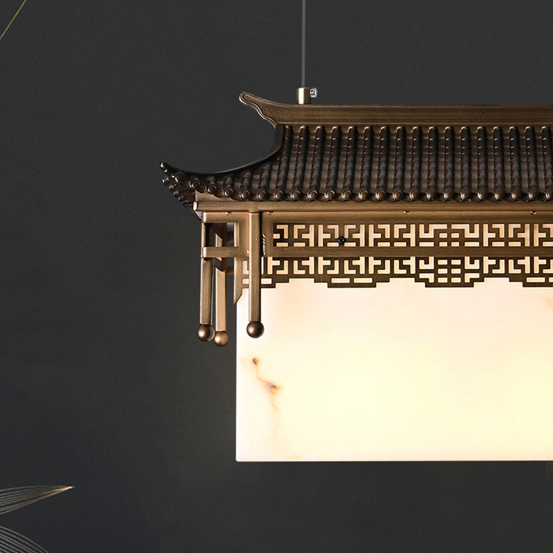 Traditional Chinese Palace Rectangular Metal Resin Marble 2-Light Chandelier For Living Room