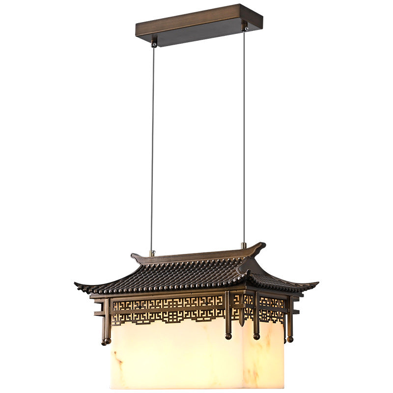 Traditional Chinese Palace Rectangular Metal Resin Marble 2-Light Chandelier For Living Room