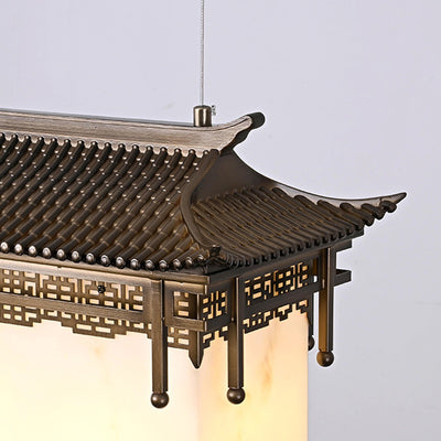 Traditional Chinese Palace Rectangular Metal Resin Marble 2-Light Chandelier For Living Room