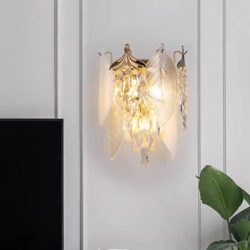 Traditional European Cone Metal Glass Crystal 3-Light Wall Sconce Lamp For Living Room