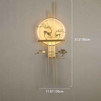 Traditional Chinese Deer Circle Brass LED Wall Sconce Lamp For Living Room