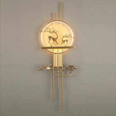 Traditional Chinese Deer Circle Brass LED Wall Sconce Lamp For Living Room