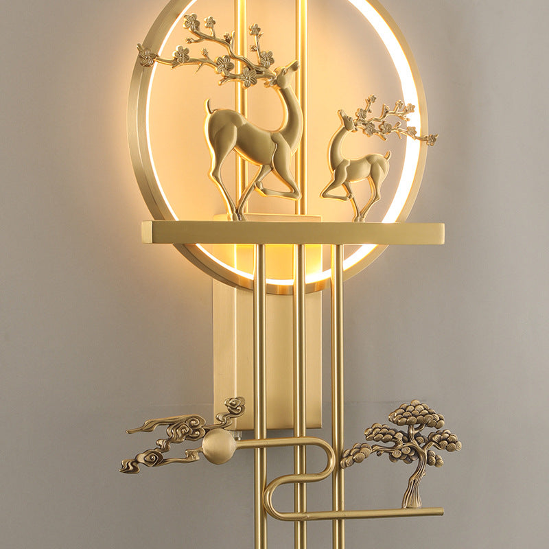 Traditional Chinese Deer Circle Brass LED Wall Sconce Lamp For Living Room