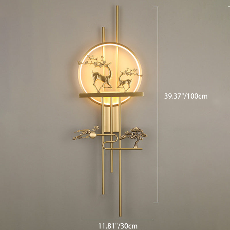 Traditional Chinese Deer Circle Brass LED Wall Sconce Lamp For Living Room