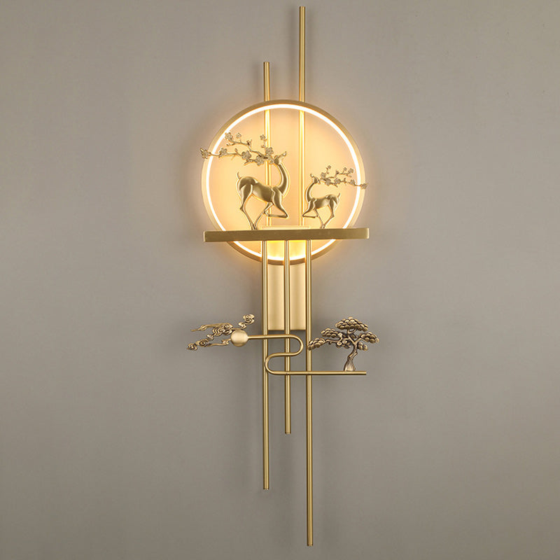 Traditional Chinese Deer Circle Brass LED Wall Sconce Lamp For Living Room