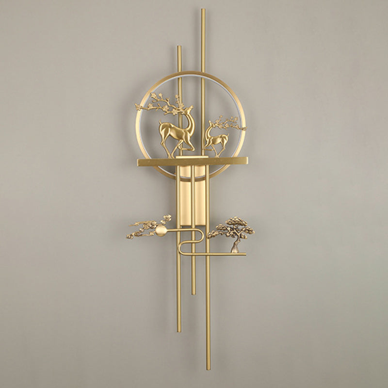 Traditional Chinese Deer Circle Brass LED Wall Sconce Lamp For Living Room