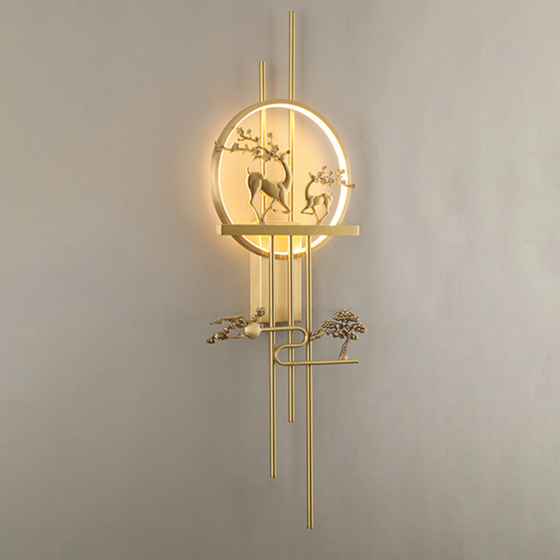 Traditional Chinese Deer Circle Brass LED Wall Sconce Lamp For Living Room