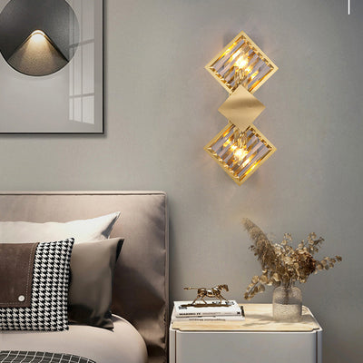 Modern Luxury Square Crystal Glass Stainless Steel 2-Light Wall Sconce Lamp For Living Room