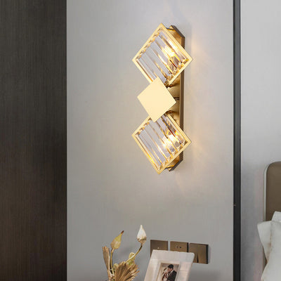 Modern Luxury Square Crystal Glass Stainless Steel 2-Light Wall Sconce Lamp For Living Room