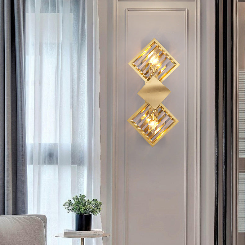 Modern Luxury Square Crystal Glass Stainless Steel 2-Light Wall Sconce Lamp For Living Room