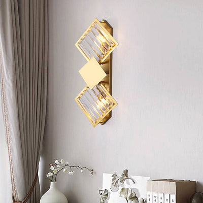 Modern Luxury Square Crystal Glass Stainless Steel 2-Light Wall Sconce Lamp For Living Room