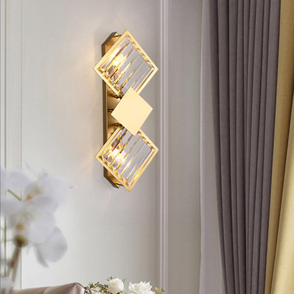 Modern Luxury Square Crystal Glass Stainless Steel 2-Light Wall Sconce Lamp For Living Room