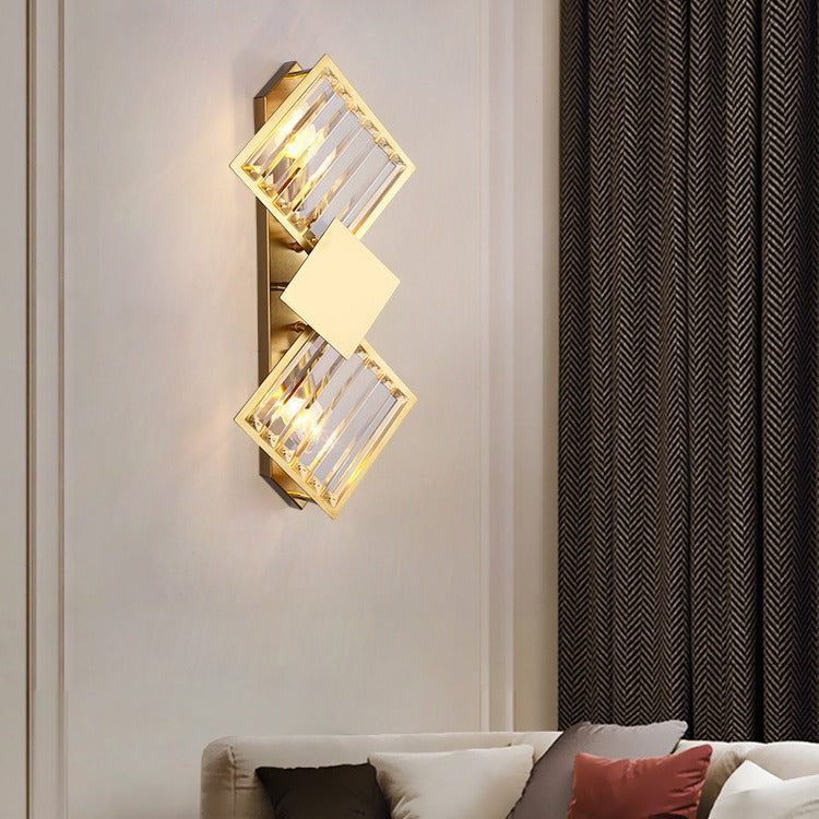 Modern Luxury Square Crystal Glass Stainless Steel 2-Light Wall Sconce Lamp For Living Room