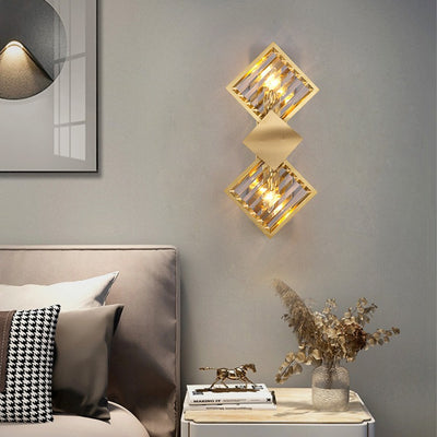 Modern Luxury Square Crystal Glass Stainless Steel 2-Light Wall Sconce Lamp For Living Room