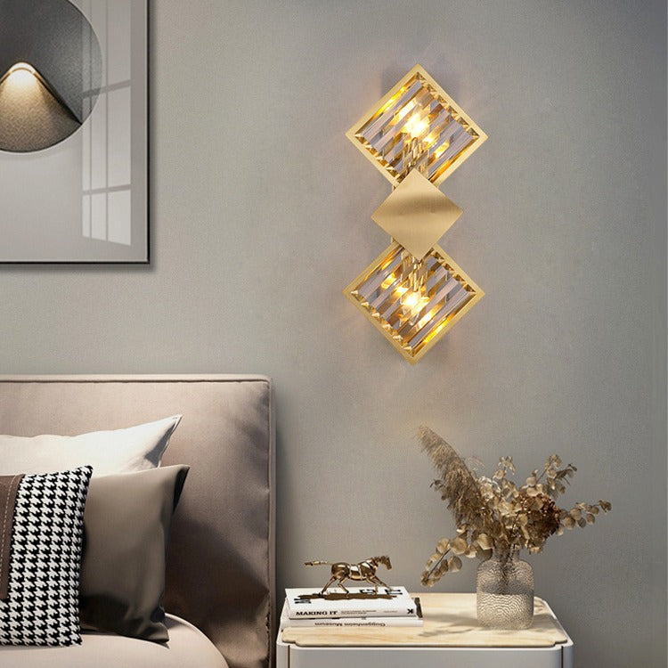 Modern Luxury Square Crystal Glass Stainless Steel 2-Light Wall Sconce Lamp For Living Room