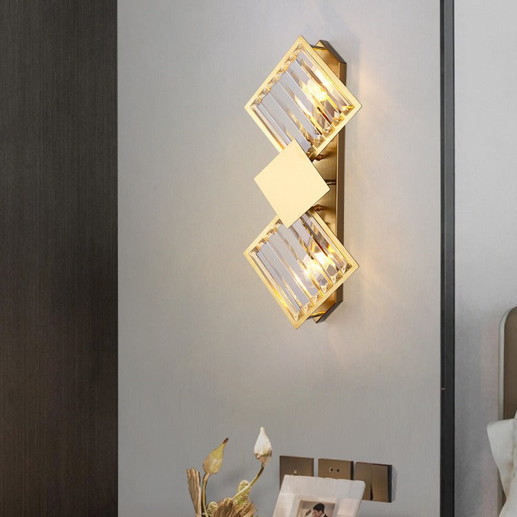 Modern Luxury Square Crystal Glass Stainless Steel 2-Light Wall Sconce Lamp For Living Room