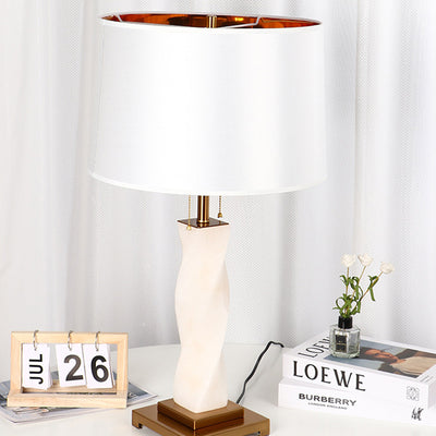 Traditional Chinese Cylinder Metal Glass Fabric 1-Light Table Lamp For Bedroom