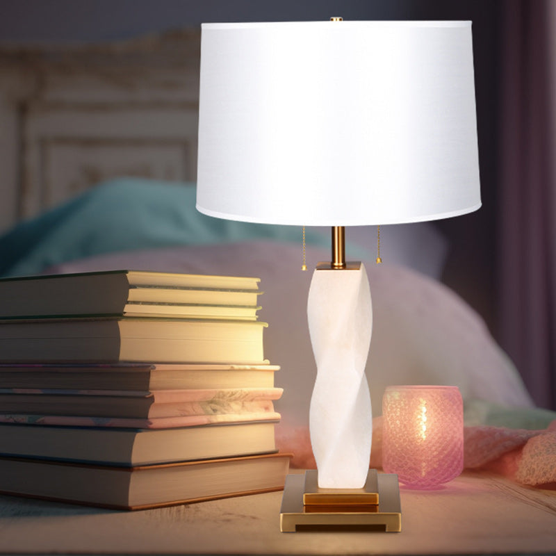 Traditional Chinese Cylinder Metal Glass Fabric 1-Light Table Lamp For Bedroom