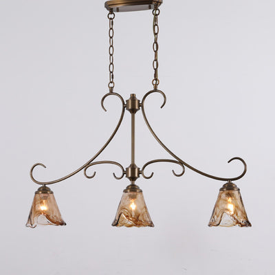 Traditional Rustic Cone Copper Glass 3-Light Chandelier Island Light For Dining Room