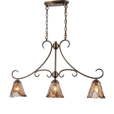 Traditional Rustic Cone Copper Glass 3-Light Chandelier Island Light For Dining Room