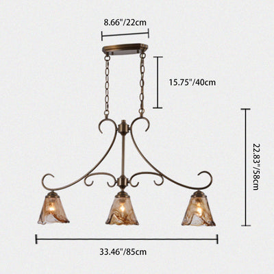 Traditional Rustic Cone Copper Glass 3-Light Chandelier Island Light For Dining Room