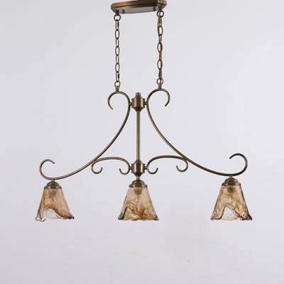 Traditional Rustic Cone Copper Glass 3-Light Chandelier Island Light For Dining Room