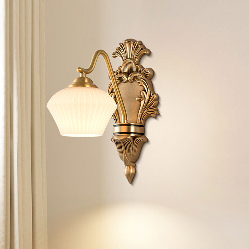 Traditional French Cake Dome Brass Glass 1/2 Light Wall Sconce Lamp For Bedroom