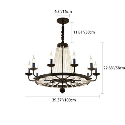 Traditional Rustic Candle Circle Iron Crystal 8-Light Chandelier For Living Room