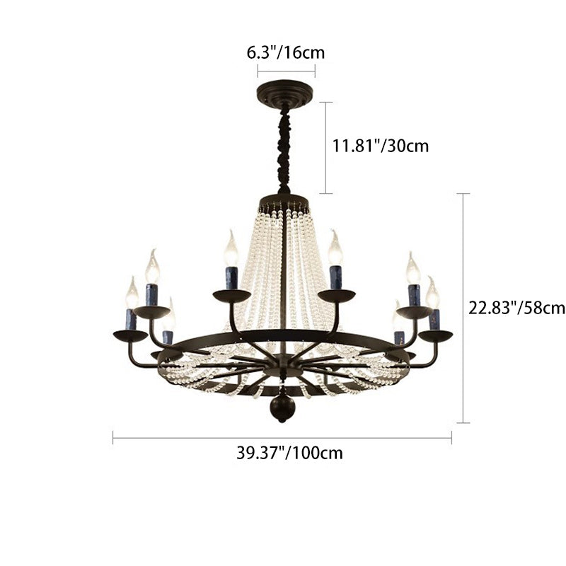 Traditional Rustic Candle Circle Iron Crystal 8-Light Chandelier For Living Room