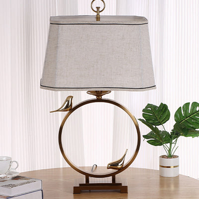 Traditional Chinese Circle Copper Metal Fabric 1-Light Table Lamp For Bedroom