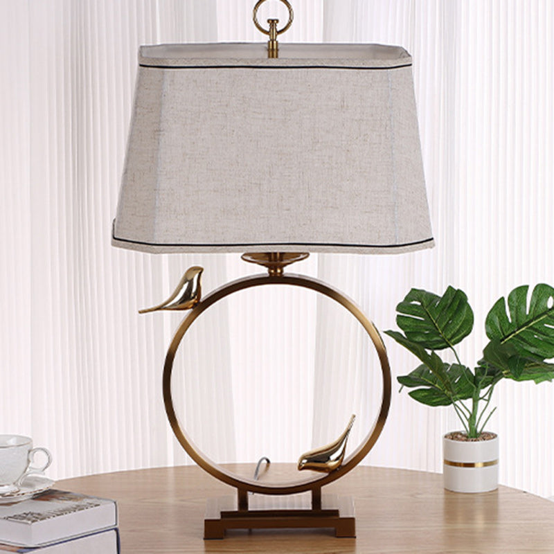 Traditional Chinese Circle Copper Metal Fabric 1-Light Table Lamp For Bedroom