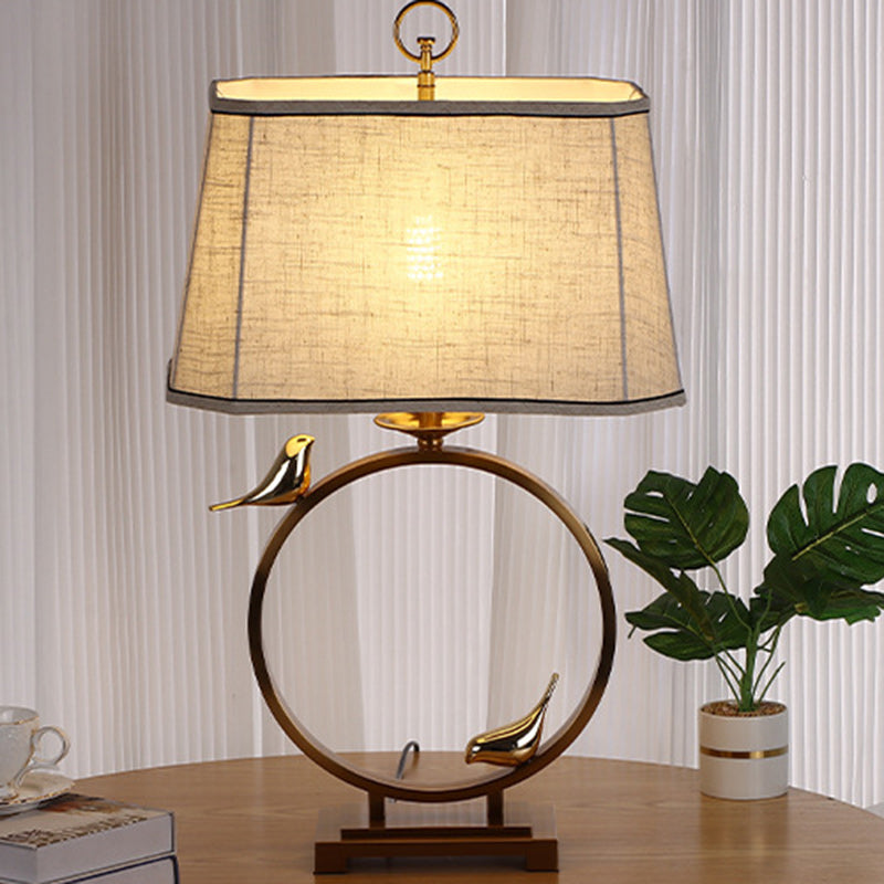 Traditional Chinese Circle Copper Metal Fabric 1-Light Table Lamp For Bedroom