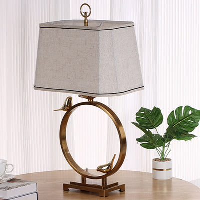 Traditional Chinese Circle Copper Metal Fabric 1-Light Table Lamp For Bedroom