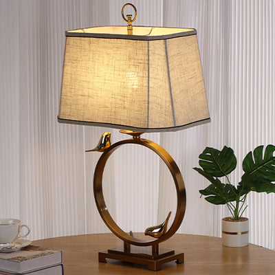 Traditional Chinese Circle Copper Metal Fabric 1-Light Table Lamp For Bedroom