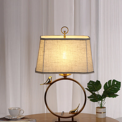 Traditional Chinese Circle Copper Metal Fabric 1-Light Table Lamp For Bedroom