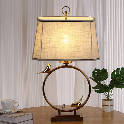 Traditional Chinese Circle Copper Metal Fabric 1-Light Table Lamp For Bedroom